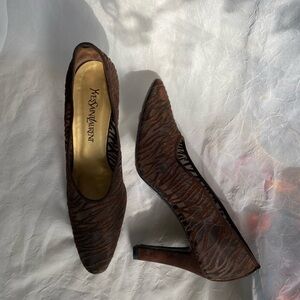 Vintage Yves Saint Laurent Chocolate Brown Suede and Mesh Zebra Pumps
